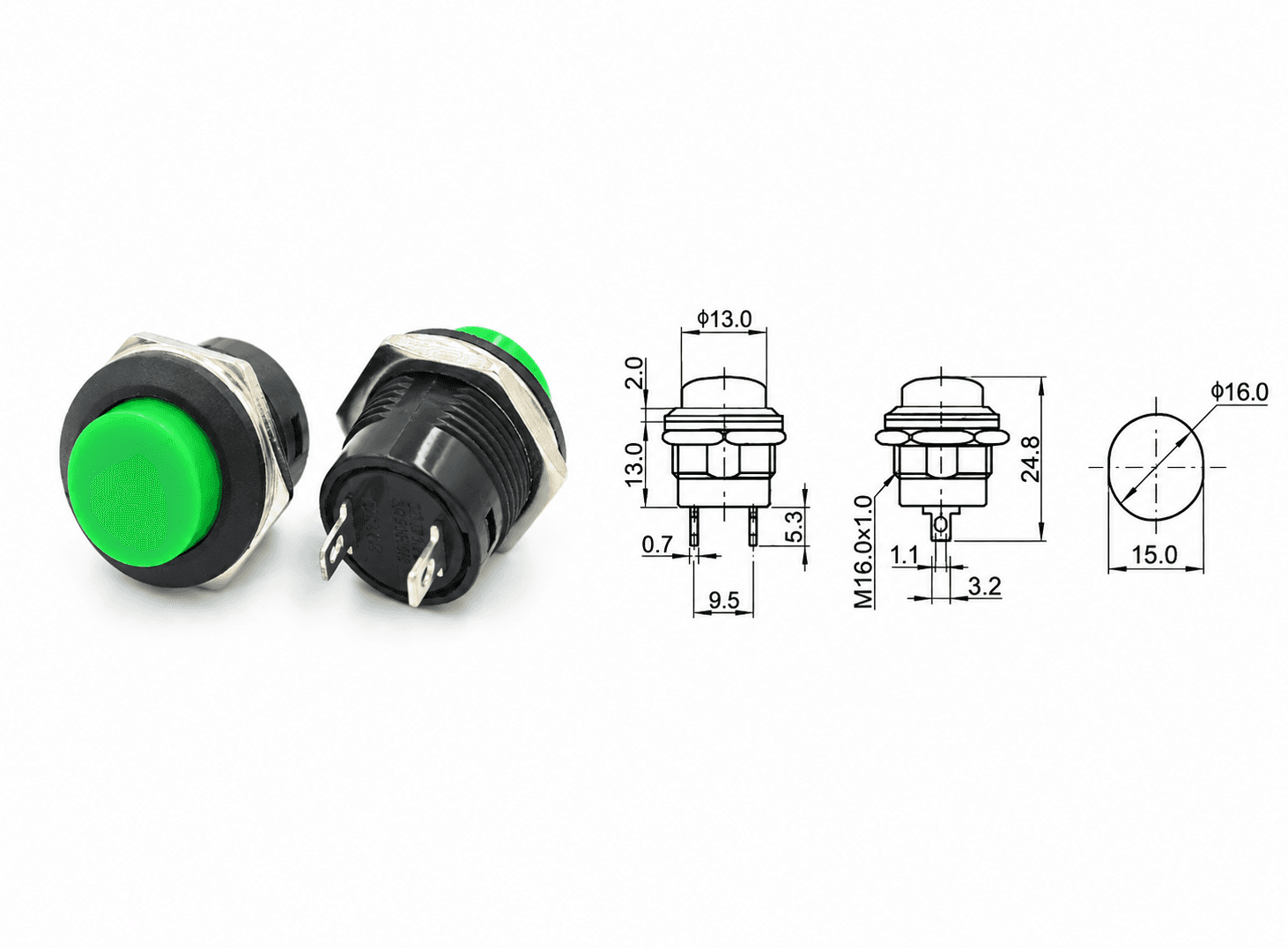 مفتاح ضغط لحظي أخضر 16 ملم 3 أمبير 250 فولت R13-507 | Momentary Push Button Switch