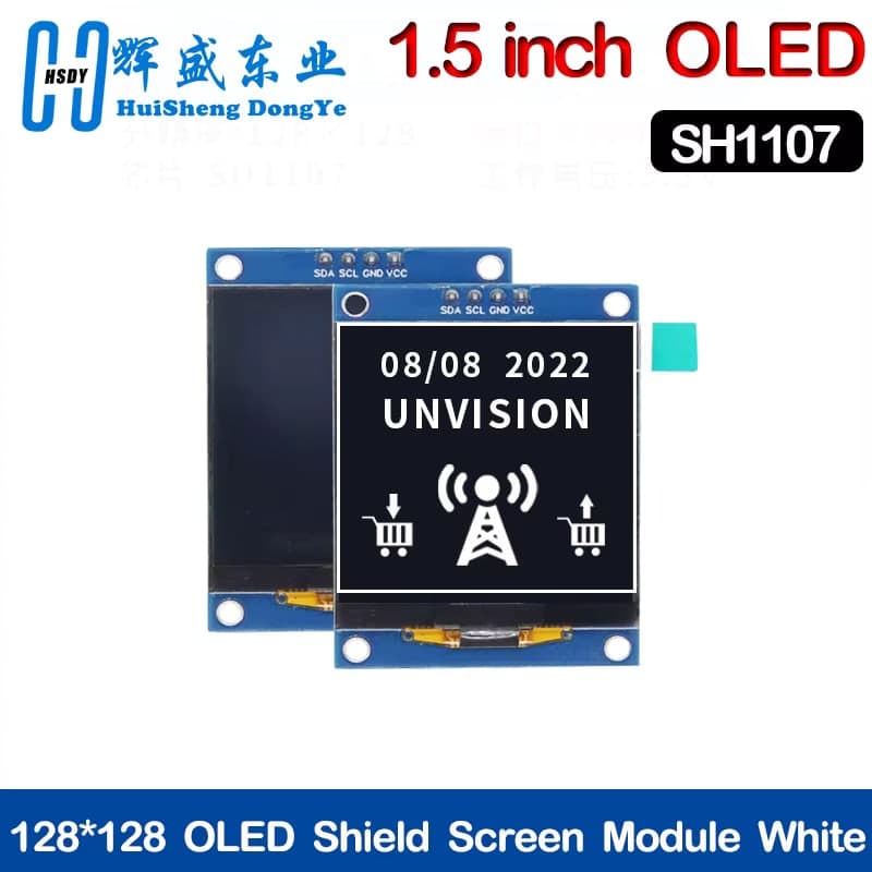 شاشة OLED مقاس 1.5 إنش بدقة 128×128 برقاقة SH1107 وواجهة I2C | 1.5" OLED Display Module, 128x128, SH1107 Driver IC, I2C, 4-Pin
