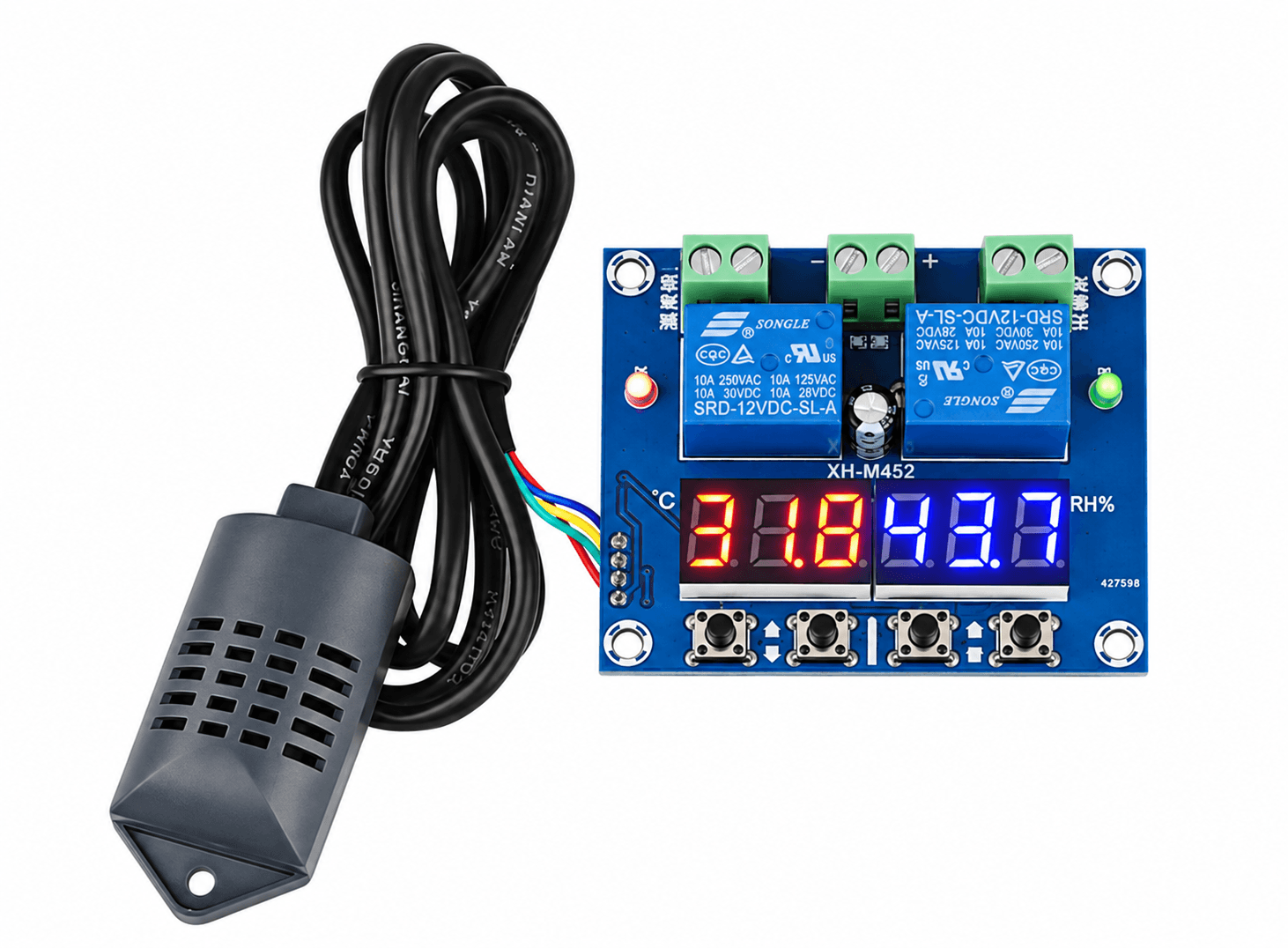منظم حرارة ورطوبة رقمي عالي الدقة XH-M452 DC 12V 10A مع حساس SHT20 | Temperature and Humidity Controller
