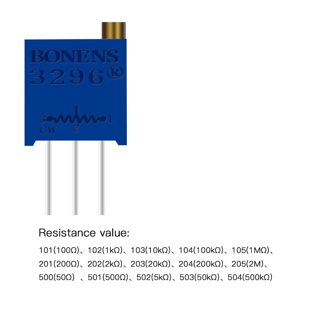 مقاومة متغيرة تريمر 3296W متعددة اللفات 25 لفة بتعديل علوي | 3296W Multiturn Trimmer Potentiometer 25-Turn 0.5W Cermet Top-Adjust