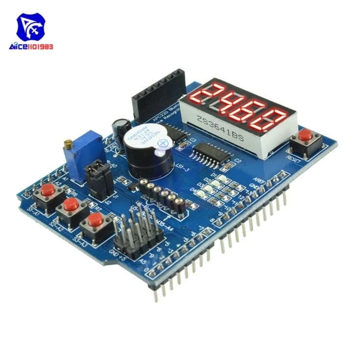 لوحة توسعة متعددة الوظائف للحساسات مع أربع شاشات رقمية للأردوينو | Sensor Shield Module