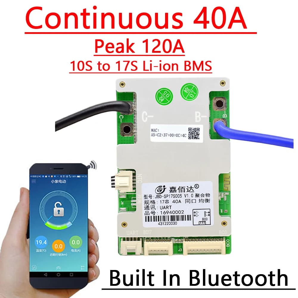 لوحة حماية بطارية ليثيوم سمارت بلوتوث 10S-17S 40A 120Apeak JBD | Bluetooth Smart BMS