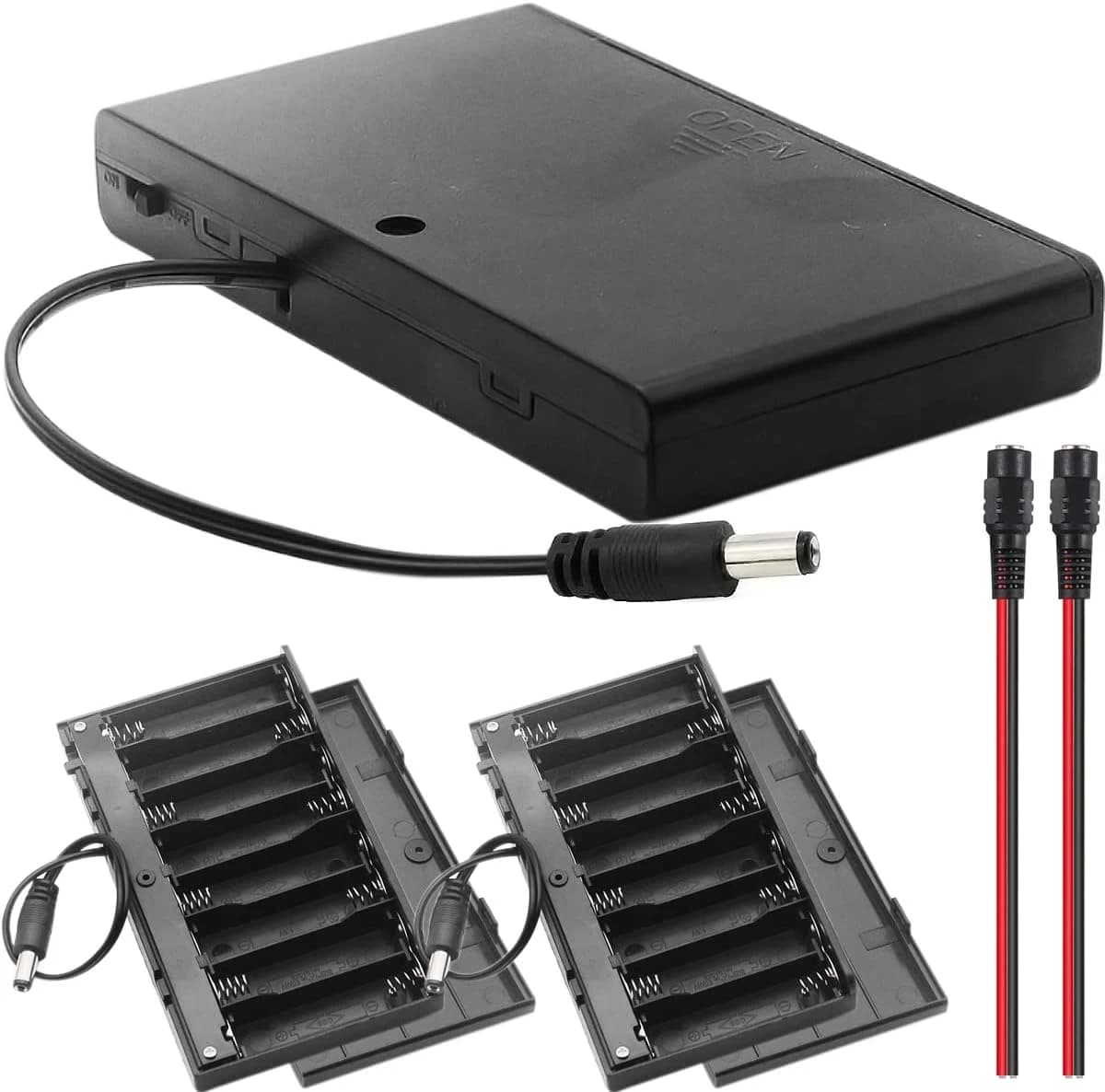حامل بطاريات 8 AA 2A بحجم 12V مع أسلاك توصيل لون أسود | Battery Holder