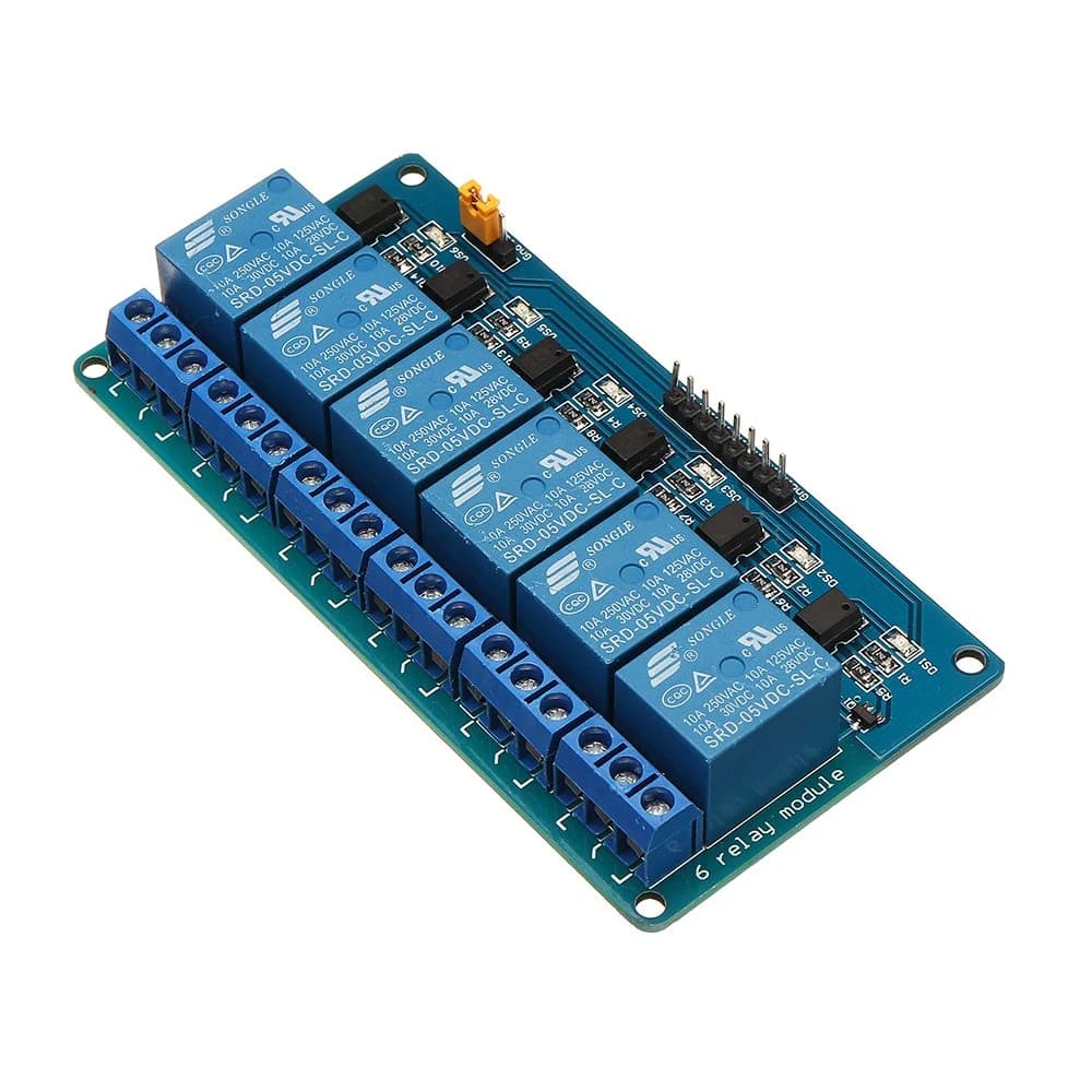 مقطم ريلاي 6 قناة 5V مع أوبتوكوبلر يدعم المشغلات العالية والمنخفضة | 6 Channel Relay Module