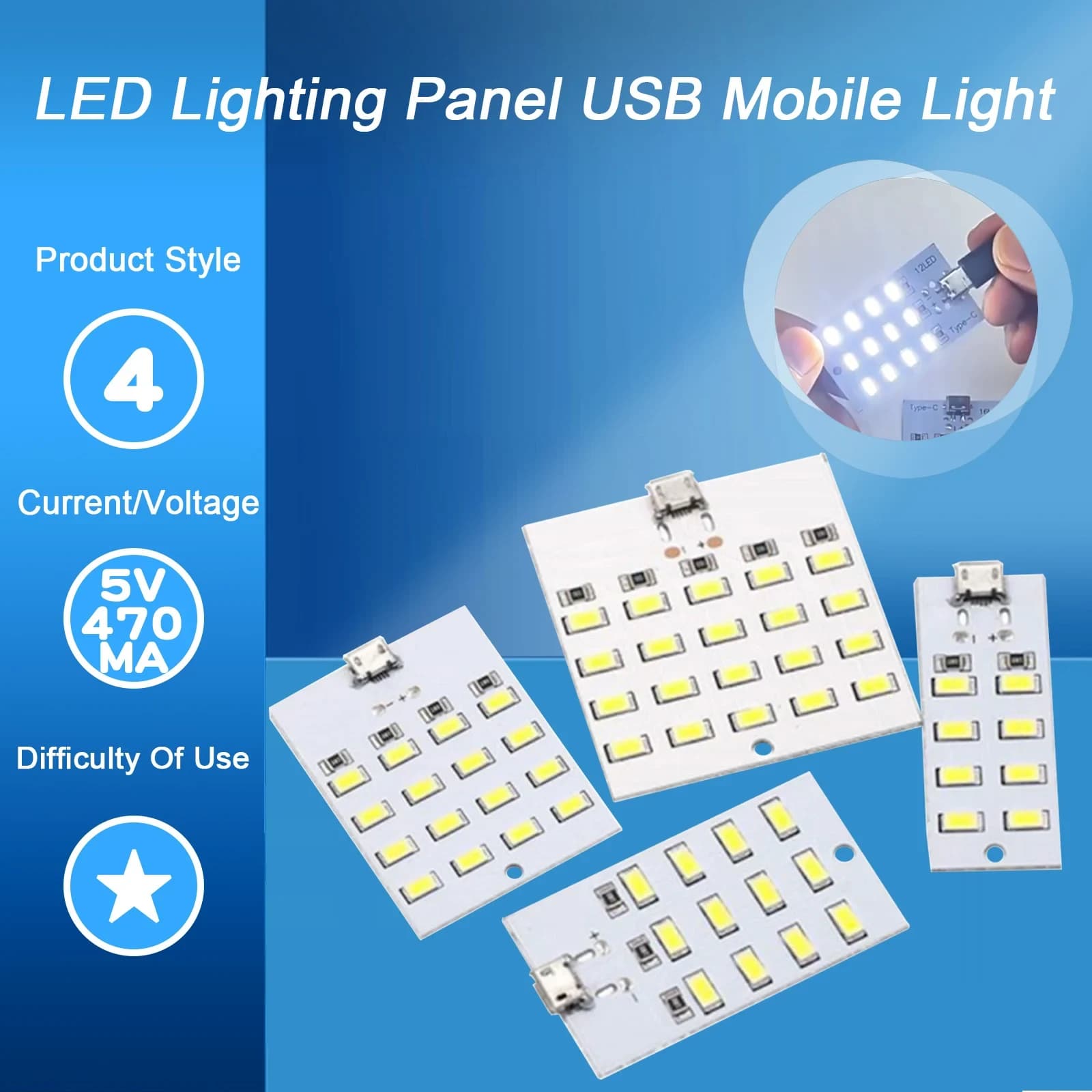 لوحة إضاءة ليد 5730 SMD بقوة 5 فولت و 430 إلى 470 ملي أمبير بمنفذ ميكرو USB مع 8 ليد أبيض 11364 | LED Lighting Panel