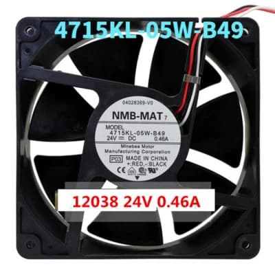 مروحة تبريد NMB-MAT 4715KL-05W-B49 مقاس 120X120X38MM جهد 24V DC تيار 0.46A بقدرة 11.04W بسرعة 3200RPM تدفق 118CFM | Cooling Fan