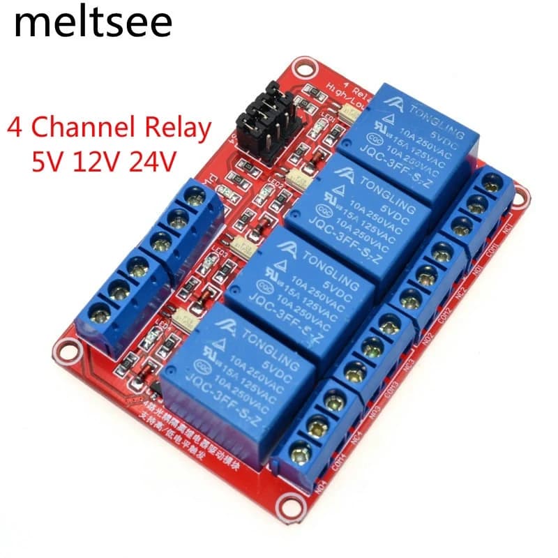 مقطم ريلاي 4 قناة 5V مع أوبتوكوبلر يدعم المشغلات العالية والمنخفضة | 4 Channel Relay Module