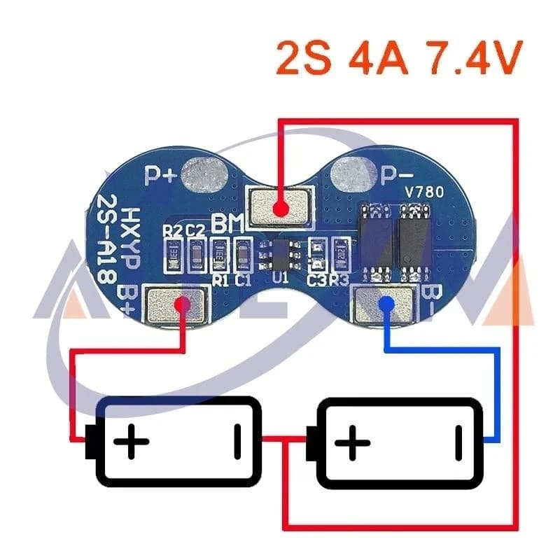 دائرة حماية وشحن بطارية ليثيوم أيون 18650 نوع 2S جهد 7.4V تيار 4A طراز 012309 #F1 | BMS Board