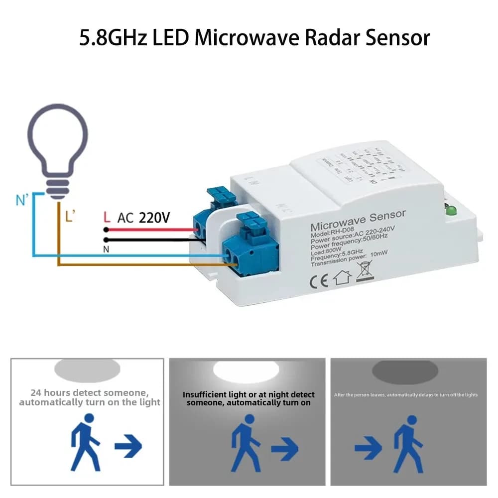 حساس حركة رادار ميكروويف 5.8GHz يعمل على AC 220V لاستشعار الجسم البشري #J12 X-HX0105A | Motion Sensor Switch