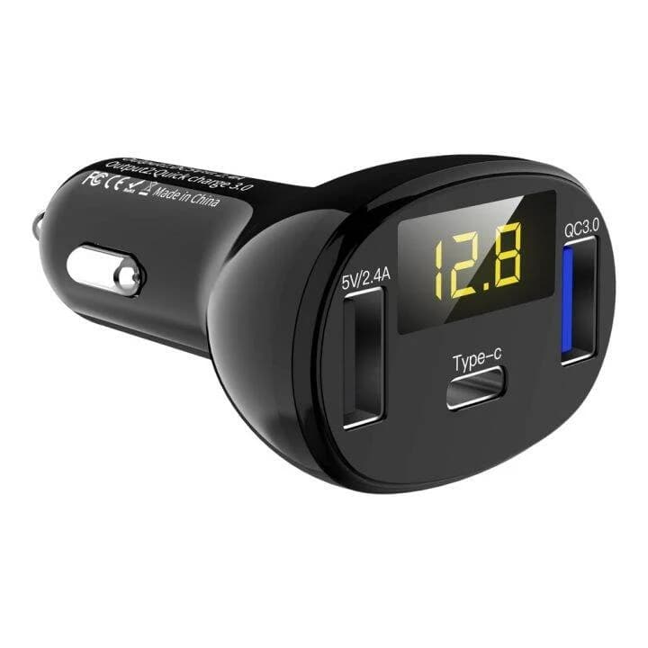 شاحن سيارة سريع 32W بمعيار Type-C USB C QC3.0 QC2.0 مع فولتميتر | Fast Quick Car Charger