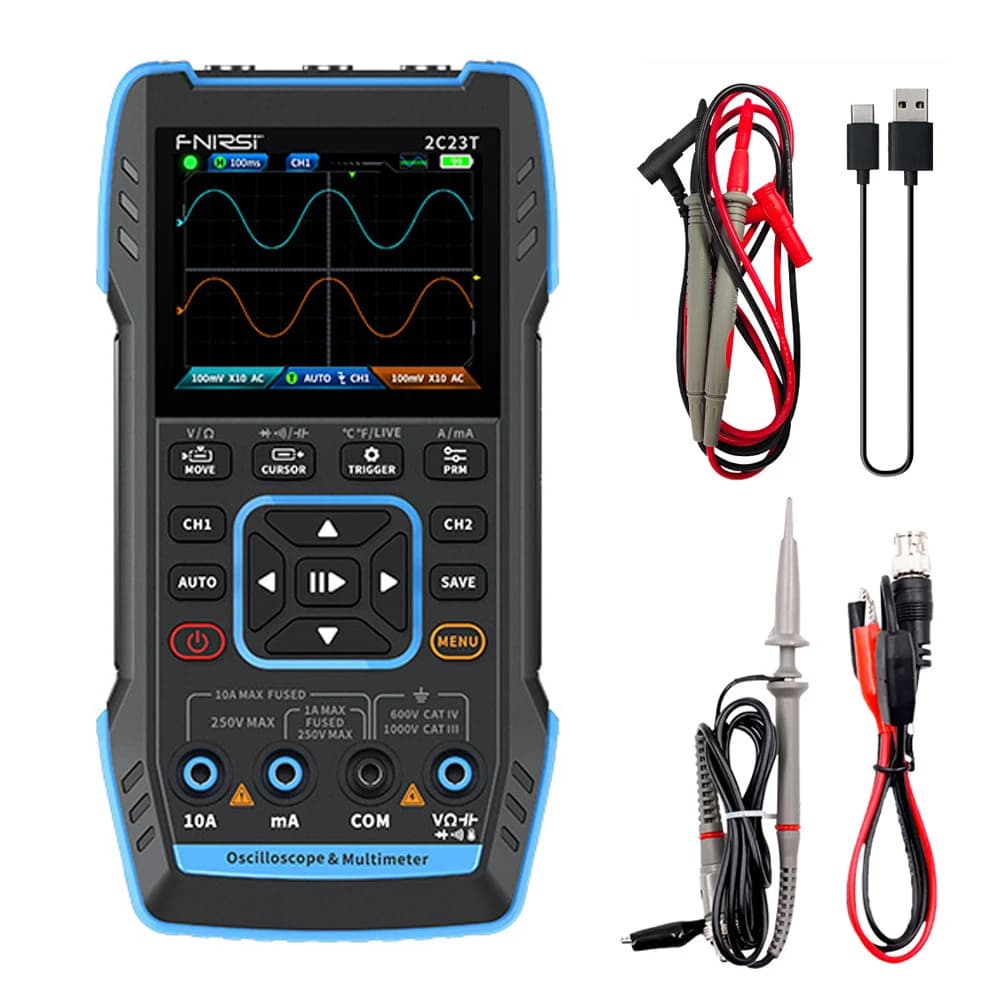 جهاز قياس وفحص متعدد مع أوسيلوسكوب FNIRSI 2C23T 3 in 1 Digital Oscilloscope Multimeter Function Signal Generator 9999counts AC DC Voltage 50MS/s 10MHz Dual Channel | Digital Oscilloscope Multimeter