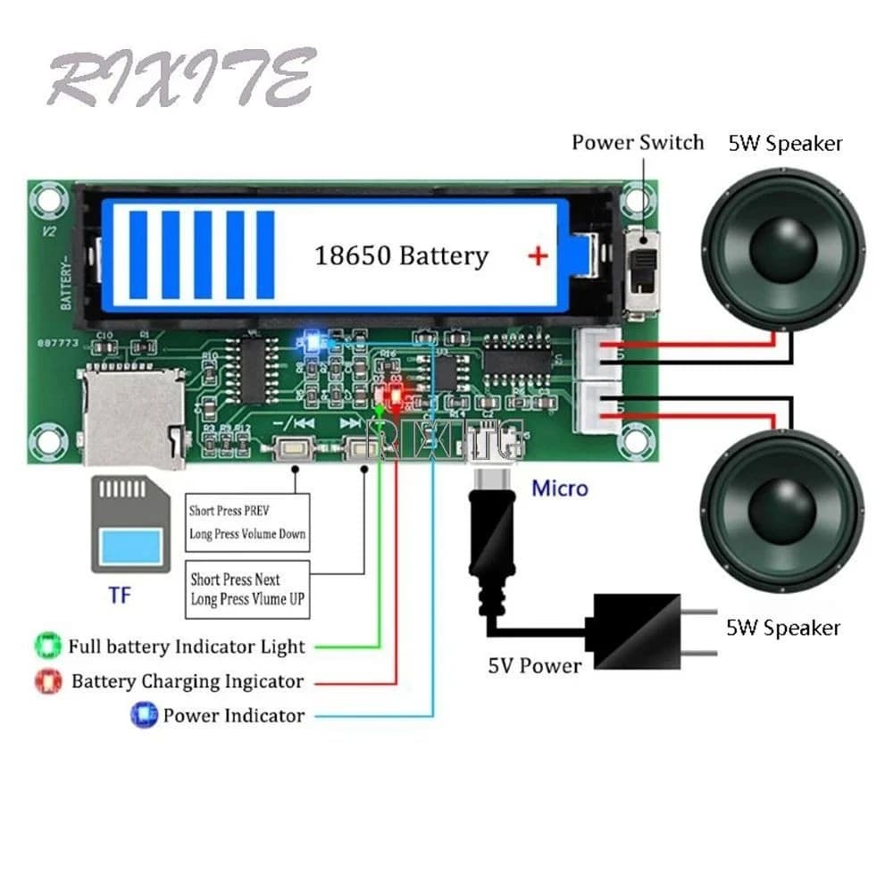 لوحة مكبر صوت PAM8403 بقدرة 5W+5W ستيريو 2.0 مع حامل بطارية 18650 ودعم TF Card X-CX0148A | Audio AMP