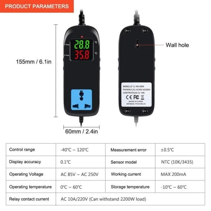 منظم حرارة إلكتروني بشاشة LED رقمية AC90V~ 250V MH-2000 | Electronic Thermostat Temperature Controller