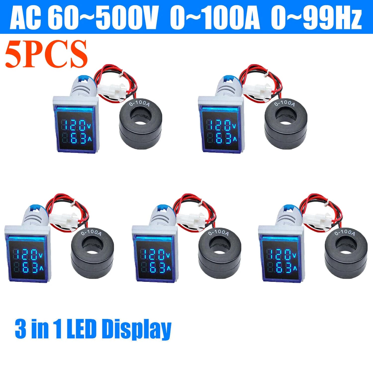 فولتميتر وأميتر وتردد متر AC 60-500V 0-100A مقاس 22 ملم أزرق رقم #E 1 | Ammeter Voltmeter Frequency Meter