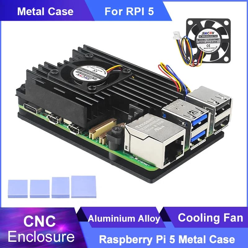 صندوق هيكل من سبائك الألومنيوم لجهاز راسبيري باي 5 مع مروحة تبريد | Aluminum Alloy Case Shell with Cooling Fan