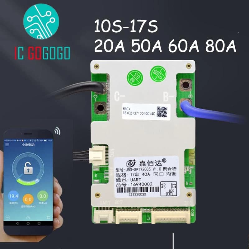 لوحة حماية بطارية ليثيوم سمارت بلوتوث 10S-17S 50A 150Apeak JBD | Bluetooth Smart BMS