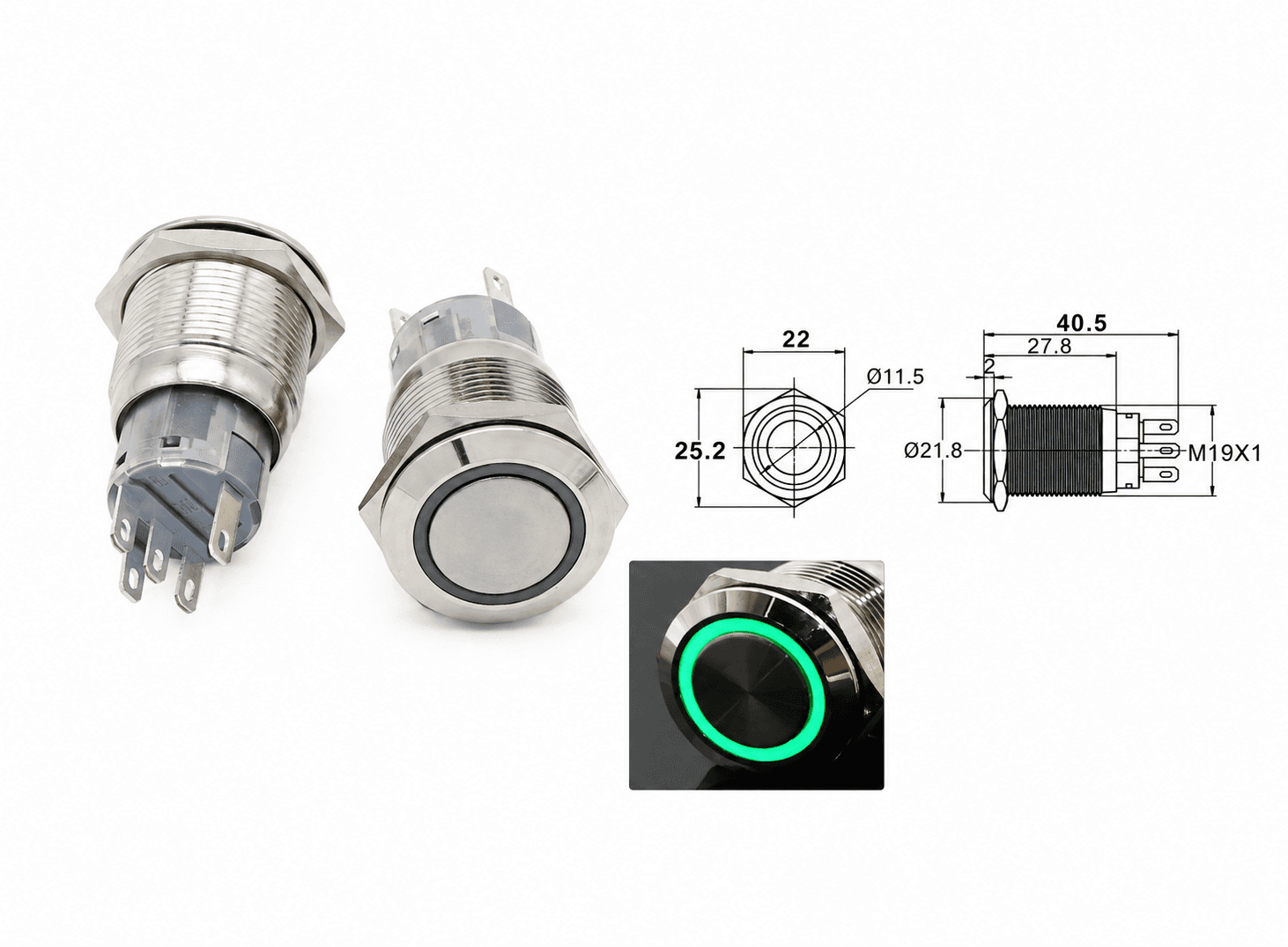 مفتاح ضغط معدني مقاوم للماء مقاس 19 ملم لحظي بإضاءة LED خضراء | 19mm Waterproof Metal Push Button Switch, Momentary Self-Reset, LED Illuminated, 250V 5A, Green
