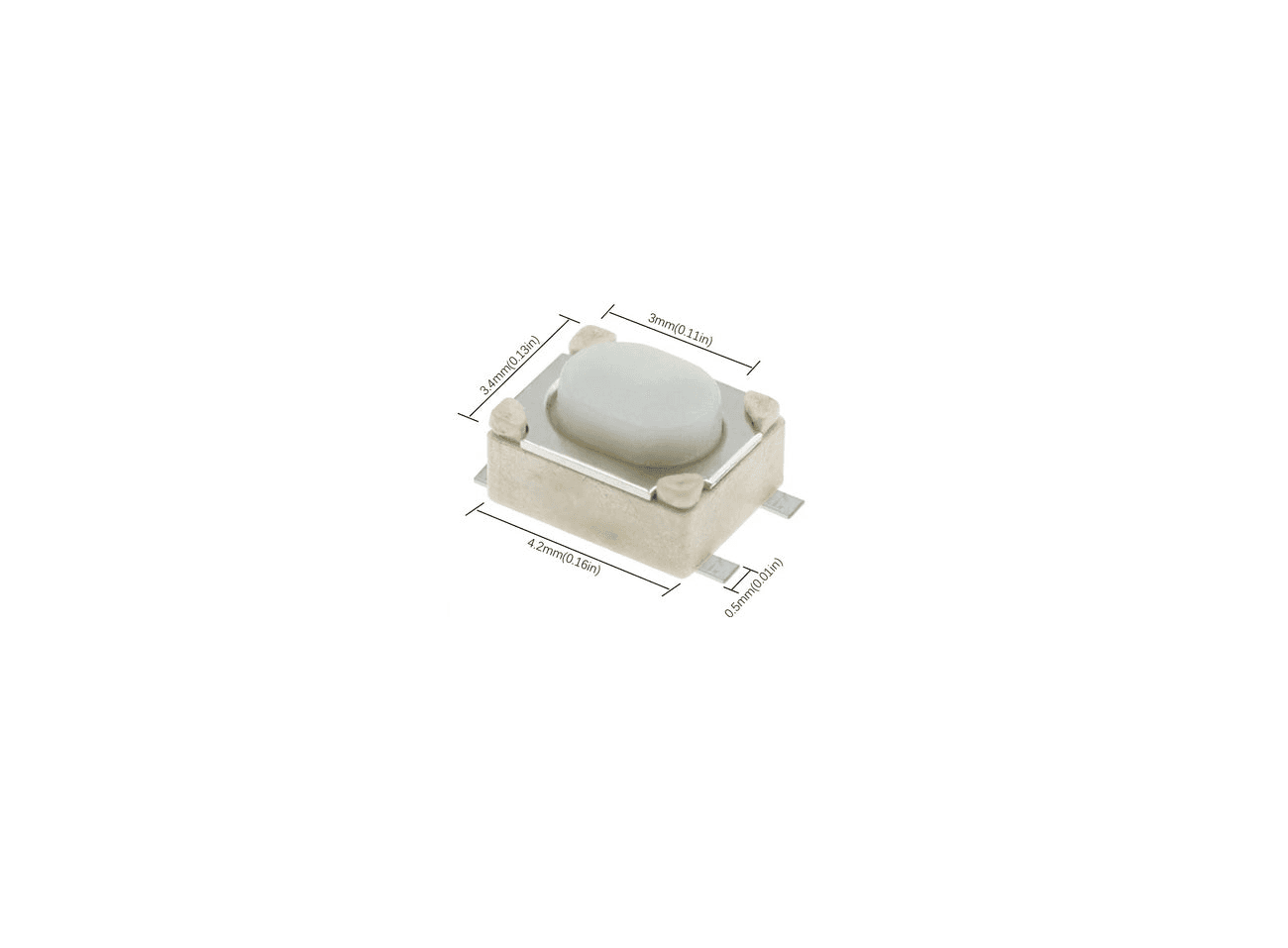 مفتاح تاكت SMD بأربعة أطراف قياس 3x4x2.5mm بزر أبيض | 3x4x2.5mm SMD Tact Switch, 4-Pin Bent-Leg with White Button