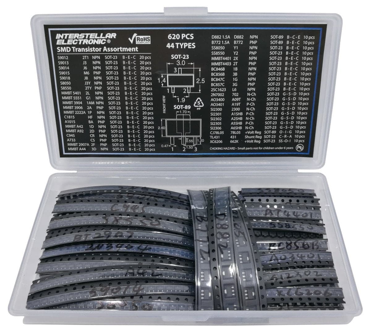 طقم ترانزستورات سطحية SOT-23 بمئة وثمانين قطعة على ثمانية عشر نوعاً | SOT-23 Transistor Assorted Kit, 18 Kinds x 10 Pcs = 180 Pcs