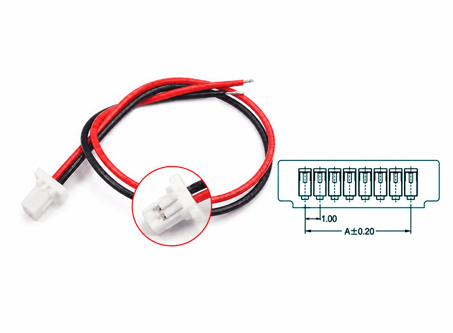 كونكتر JST SH بخطوة 1.0mm بطرفين مع أسلاك 28AWG بطول 10cm | JST SH 1.0mm 2-Pin Wire Cable Connector, 28AWG, 10cm