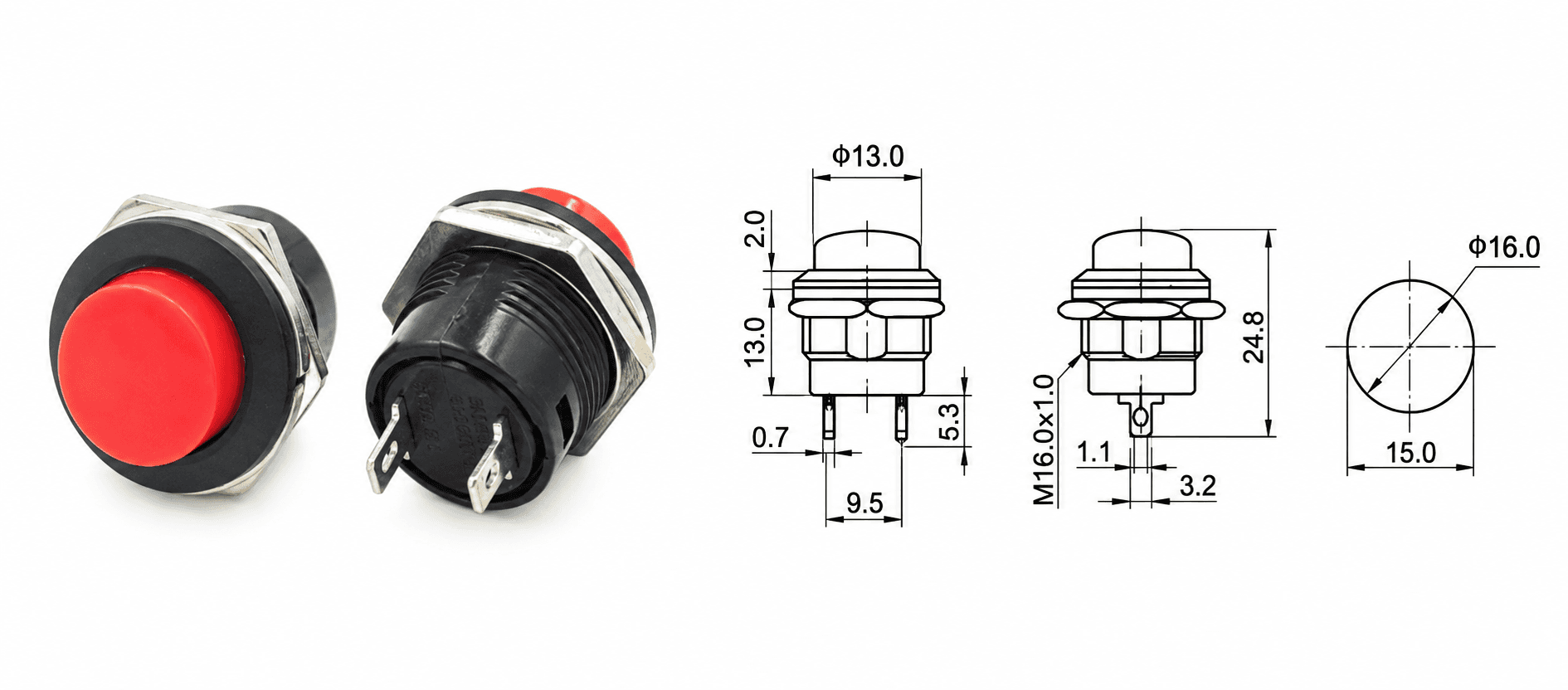 مفتاح ضغط لحظي R13-507 أحمر 16mm بتصنيف 3A 250VAC نوع OFF-ON | R13-507 Momentary Reset Push Button Switch 16mm Red 3A 250VAC (OFF-ON)