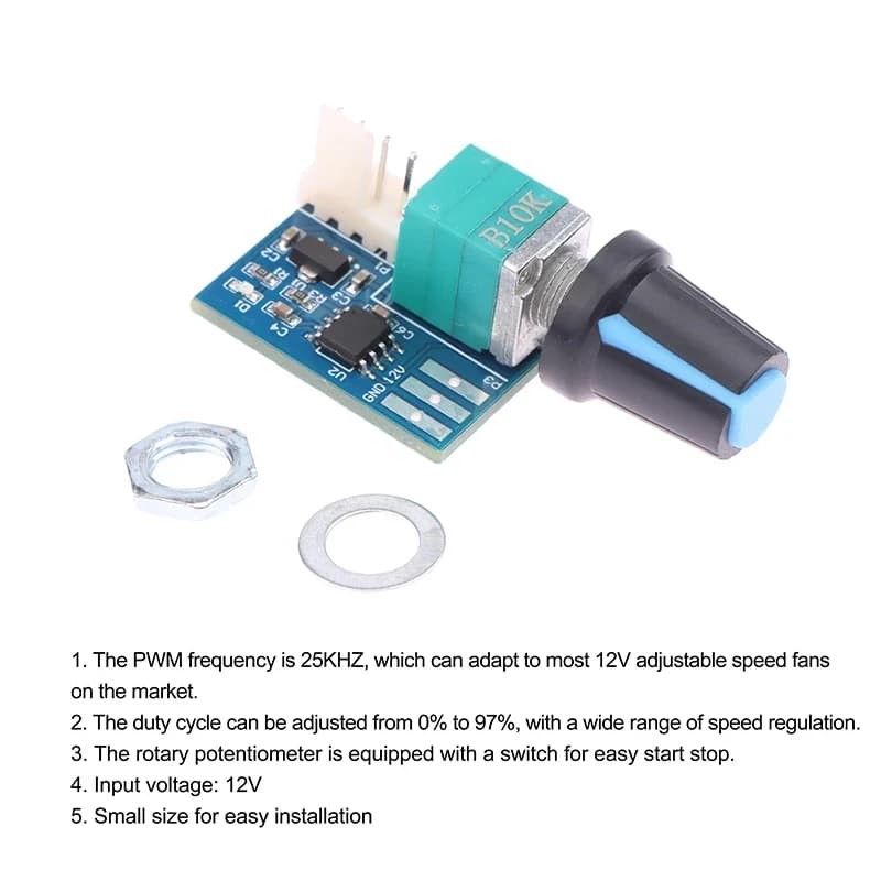 منظم سرعة مروحة دي سي 12 فولت PWM بمعدل 0%-97% وتبريد 25 كيلو هرتز | DC 12V PWM Fan Speed Governor 0%-97% 25KHz Controller
