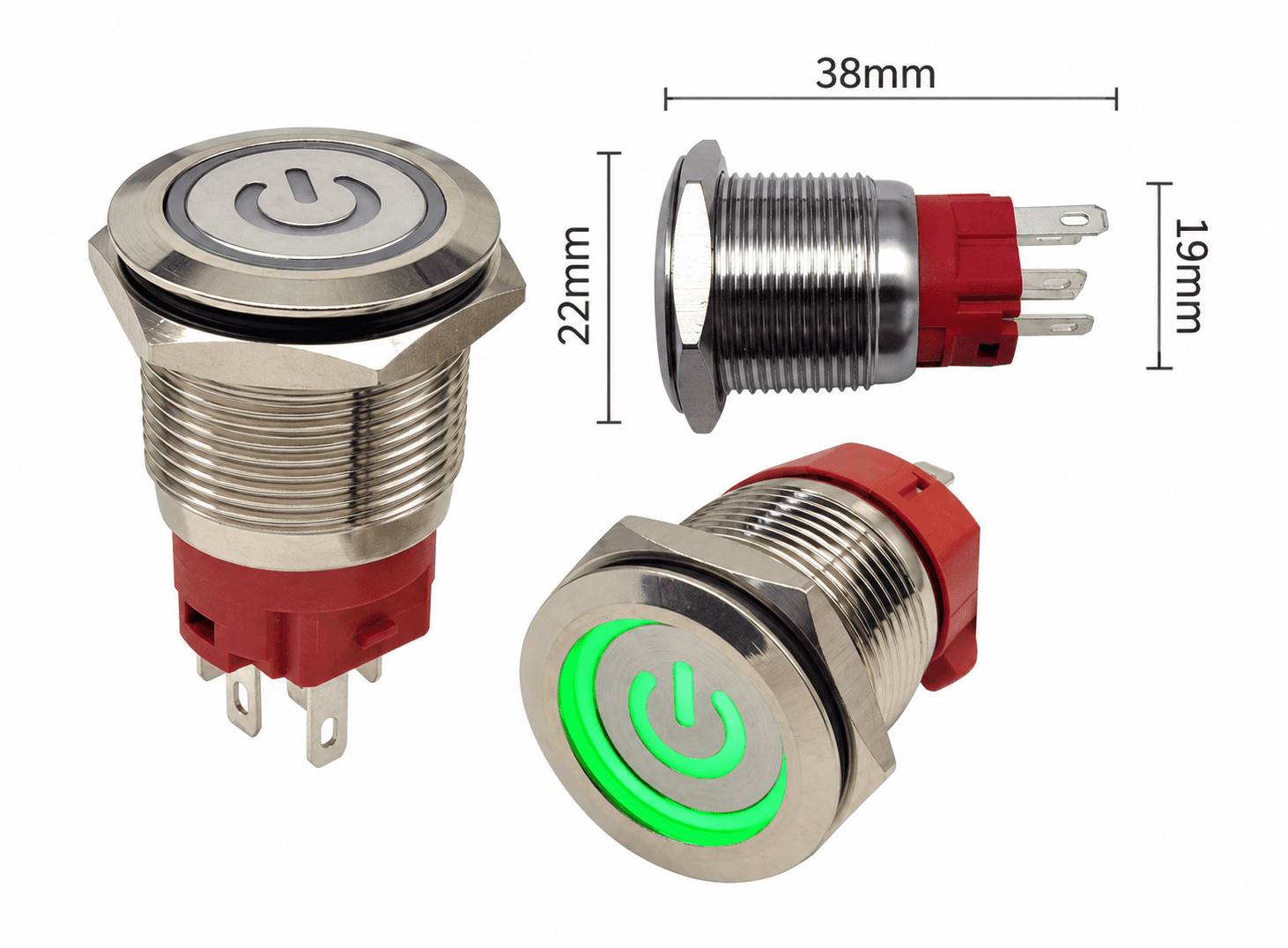 مفتاح ضغط معدني مقاس 19 ملم بقفل ذاتي وإضاءة LED خضراء | 19mm Metal Push Button Switch, Latching Self-Locking, LED Indicator, AC 250V 5A, Green