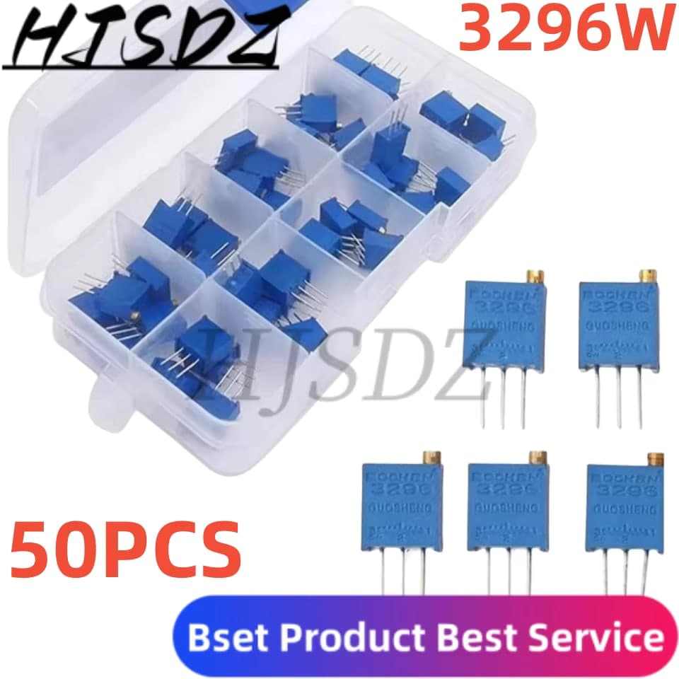 طقم مقاومات متغيّرة دقيقة متعددة اللفات 3296W بخمسين قطعة على عشر قيم | 50 Pcs 3296W Multiturn Trimmer Potentiometer Kit, 10 Values