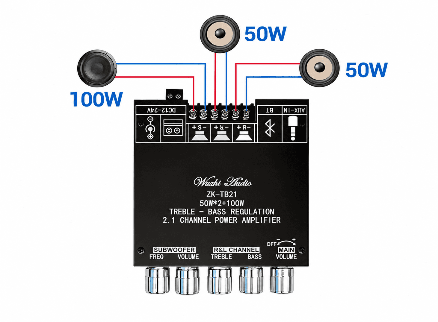 مضخم صوت بلوتوث 2.1 قناة بقدرة 2X50W+100W طراز ZK-TB21 TPA3116D2 مع تطبيق Wuzhi | Audio Amplifier