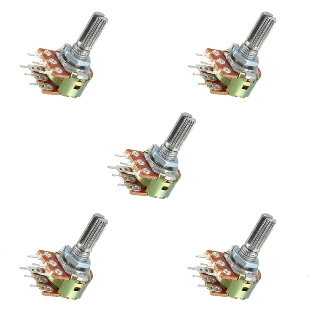 مقاومة متغيرة WH148 بقيمة 100kΩ بستة أطراف (قناتان) | WH148 Rotary Potentiometer 100K, 6-Pin Dual-Gang