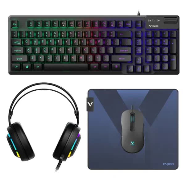 طقم كيبورد وماوس Rapoo V125S 4 in 1 Gaming Combo (V16 RGB + VH360 USB Headset + V50S Gaming keyboard + V10P Mouse pad 45x40 cm)