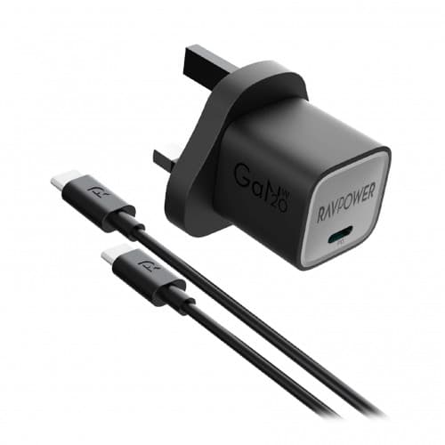 RAVPOWER - RP-PB1057 PD PIONEER 20W WALL CHARGER + USB CABLE WITH TYPE-C TO TYPE-C CONNECTOR BLACK UK VERSION
